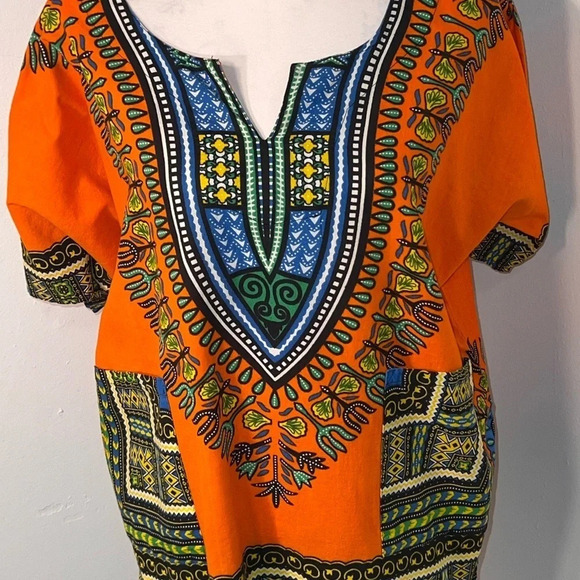 Lapogee, L,orange multicolored pocketed dashiki skirt, crewneck with open yoke - Picture 1 of 7